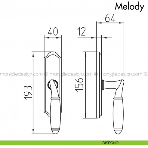 Maniglia per finestra cremonese con porcellana Melody Mandelli disegno