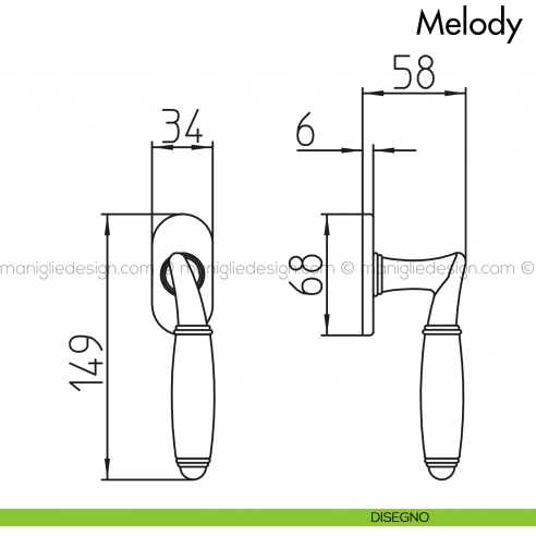 Maniglia per finestra martellina DK con porcellana Melody Mandelli disegno