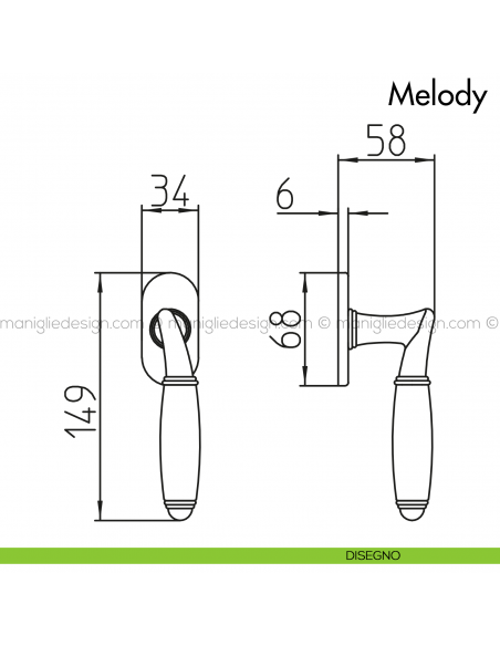 Maniglia per finestra martellina DK con porcellana Melody Mandelli disegno