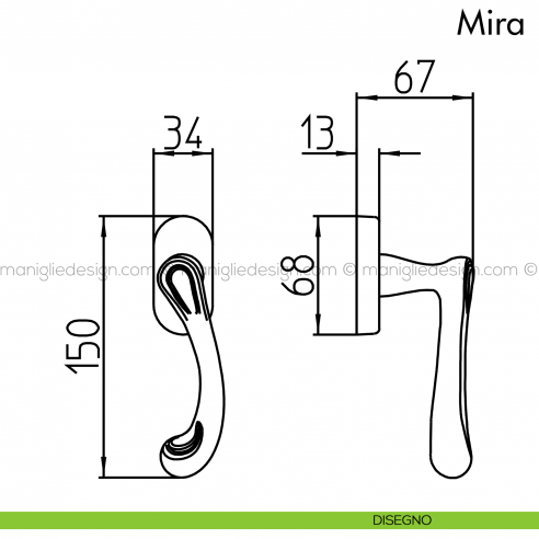 Maniglia per finestra martellina DK Mira Mandelli disegno