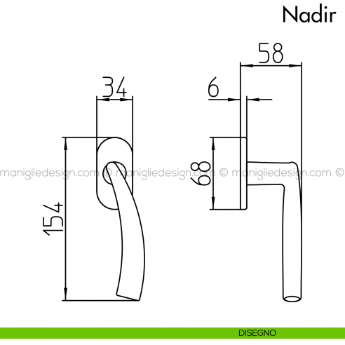 Maniglia per finestra martellina DK Nadir Mandelli disegno