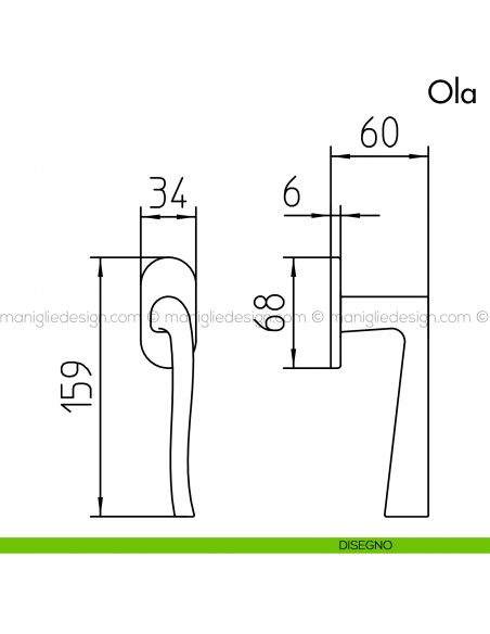 Maniglia per finestra martellina DK Ola Mandelli disegno