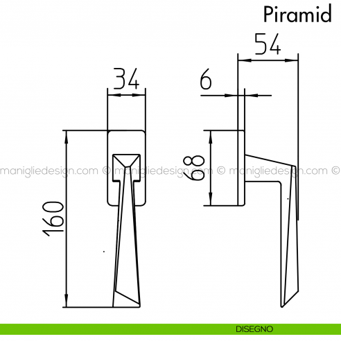 Maniglia per finestra martellina DK Piramid Mandelli disegno