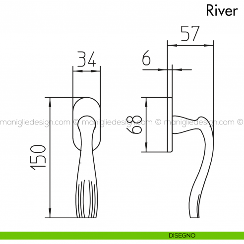 Maniglia per finestra martellina DK River Mandelli disegno