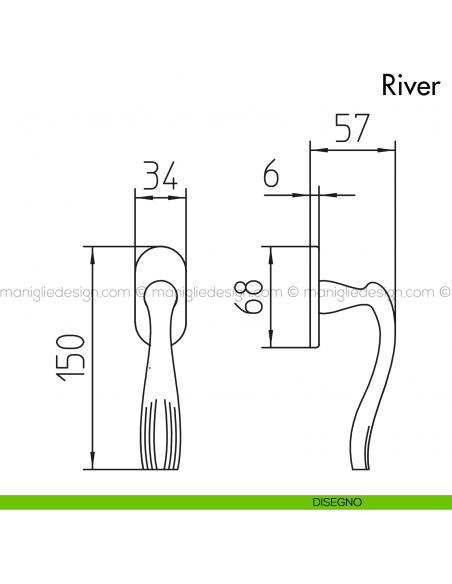 Maniglia per finestra martellina DK River Mandelli disegno
