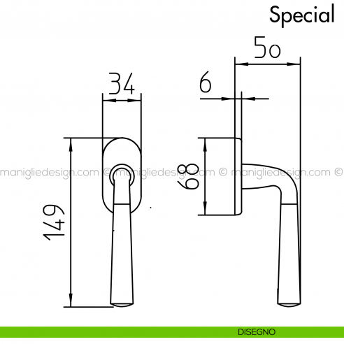 Maniglia per finestra martellina DK Special 90 Mandelli disegno