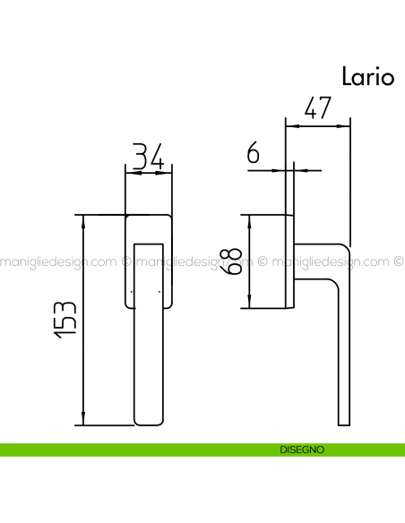 Maniglia per finestra martellina Lario Mandelli disegno