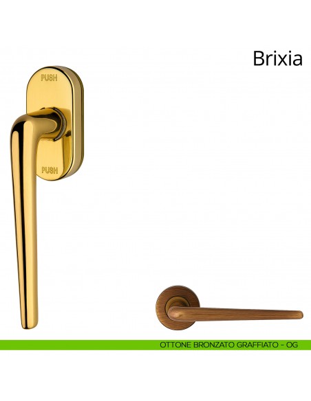 Maniglia per finestra martellina DK antintrusione Brixia Linea Calì ottone bronzato graffiato