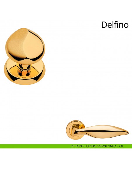 Pomolo per porta fisso Delfino Linea Calì con rosetta tonda ottone lucido verniciato
