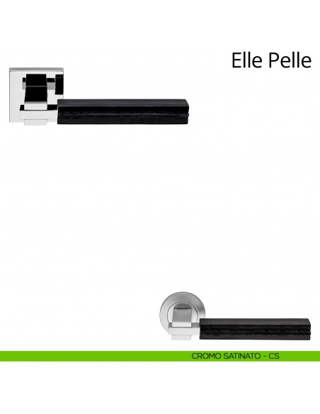 Maniglia per porta interna Elle Pelle Linea Calì rosetta quadrata tradizionale cromo satinato + pelle nera