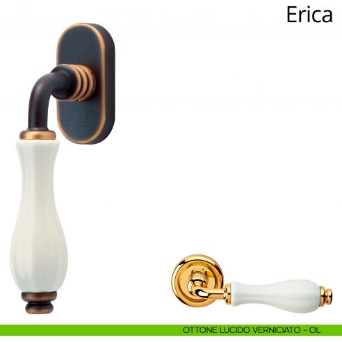 Maniglia con porcellana bianca per finestra martellina DK Erica Linea Calì ottone lucido verniciato