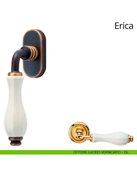 Maniglia con porcellana bianca per finestra martellina DK Erica Linea Calì ottone lucido verniciato