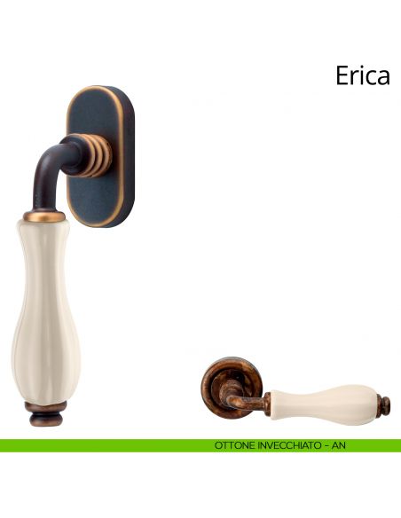 Maniglia con porcellana avorio per finestra martellina DK Erica Linea Calì ottone invecchiato