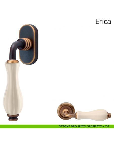 Maniglia con porcellana avorio per finestra martellina DK Erica Linea Calì ottone bronzato graffiato