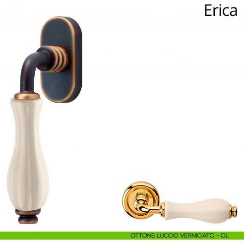 Maniglia con porcellana avorio per finestra martellina DK Erica Linea Calì ottone lucido verniciato