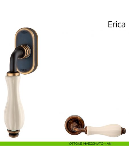 Maniglia con porcellana avorio per finestra martellina DK antintrusione Erica Linea Calì ottone invecchiato