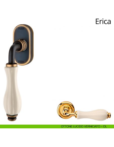 Maniglia con porcellana avorio per finestra martellina DK antintrusione Erica Linea Calì ottone lucido verniciato