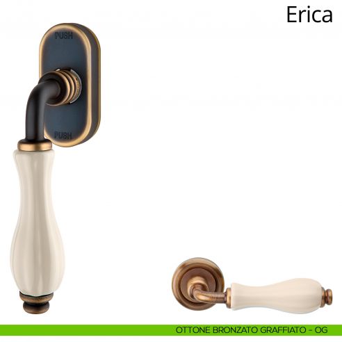 Maniglia con porcellana avorio per finestra martellina DK antintrusione Erica Linea Calì ottone bronzato graffiato