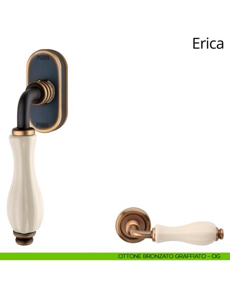 Maniglia con porcellana avorio per finestra martellina DK antintrusione Erica Linea Calì ottone bronzato graffiato