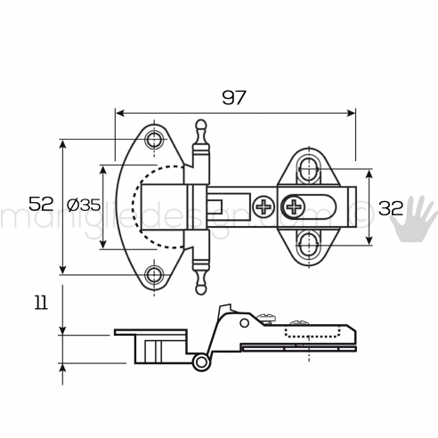 Cerniera zancata ottone lucido per mobili diametro 35 mm MG42581
