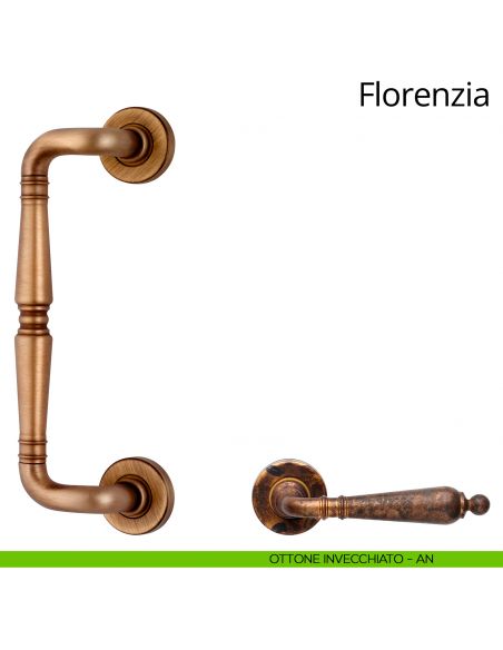 Maniglione per porta zancato Florenzia Linea Calì con rosette semplici ottone antichizzato