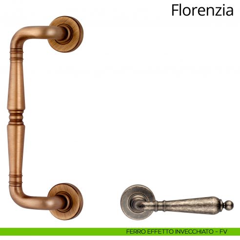 Maniglione per porta zancato Florenzia Linea Calì con rosette semplici ferro effetto invecchiato