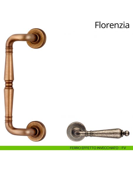 Maniglione per porta zancato Florenzia Linea Calì con rosette semplici ferro effetto invecchiato