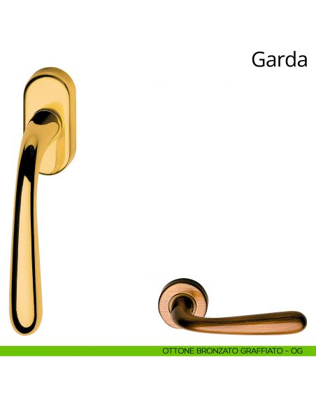 Maniglia per finestra martellina DK Garda Linea Calì ottone bronzato graffiato