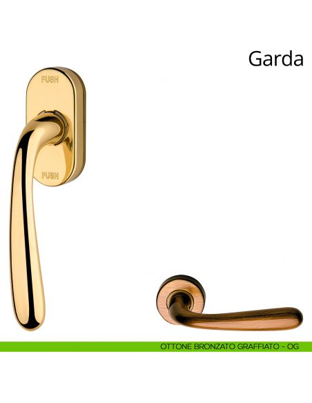 Maniglia per finestra martellina DK antintrusione Garda Linea Calì ottone bronzato graffiato