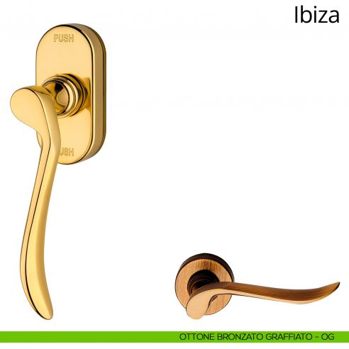Maniglia per finestra martellina DK antintrusione ibiza Linea Calì ottone bronzato graffiato