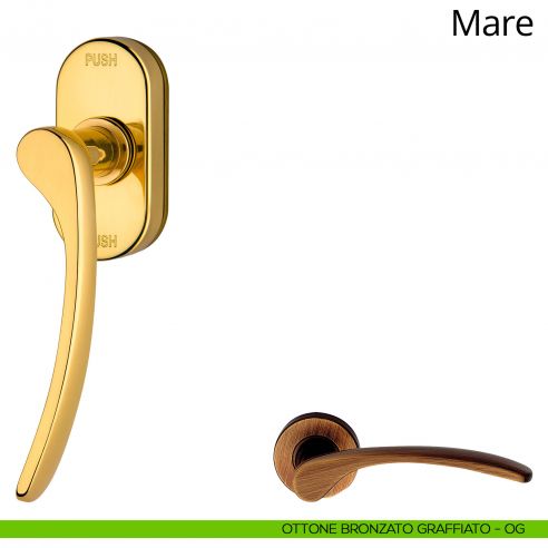 Maniglia per finestra martellina DK antintrusione Mare Linea Calì ottone bronzato graffiato