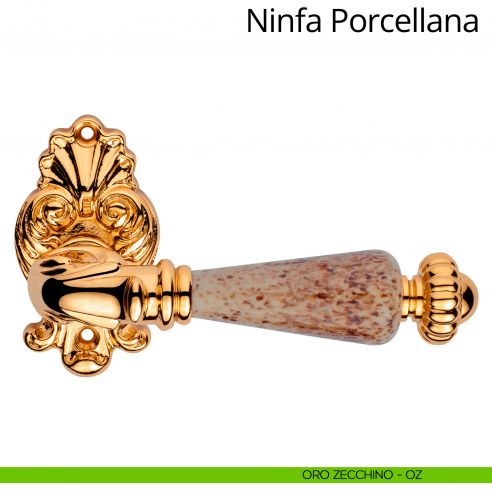 Maniglia con porcellana per porta interna Ninfa Porcellana Linea Calì rosetta artistica oro zecchino
