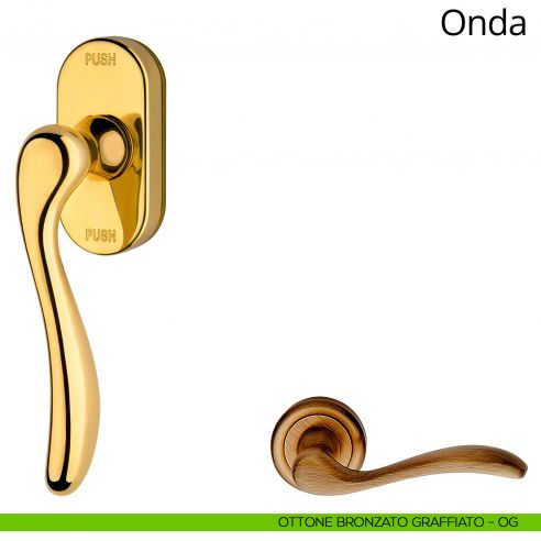 Maniglia per finestra martellina DK antintrusione Onda Linea Calì ottone bronzato graffiato