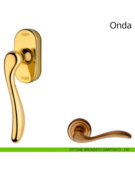 Maniglia per finestra martellina DK antintrusione Onda Linea Calì ottone bronzato graffiato