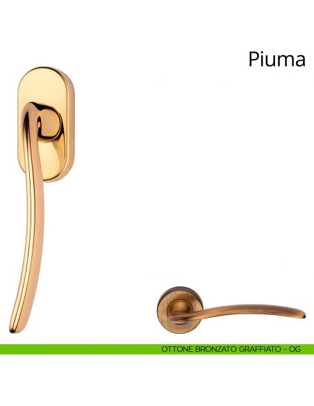 Maniglia per finestra martellina DK Piuma Linea Calì ottone bronzato graffiato