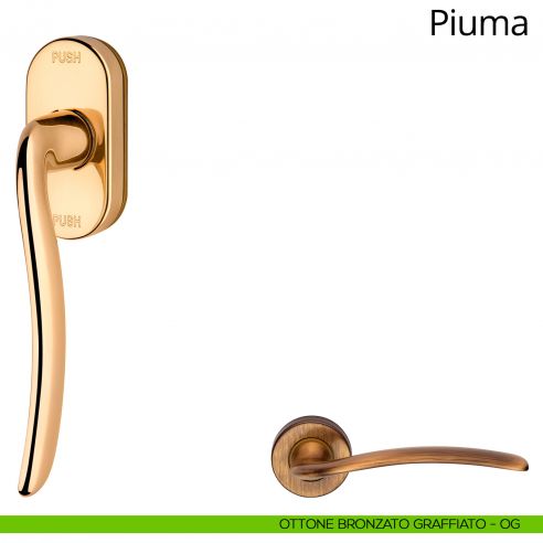 Maniglia per finestra martellina DK antintrusione Piuma Linea Calì ottone bronzato graffiato