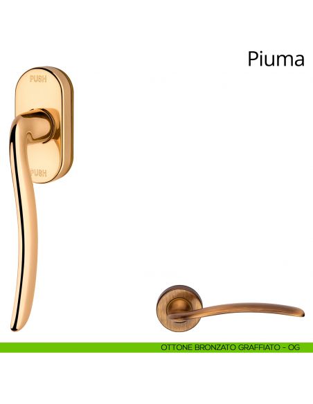 Maniglia per finestra martellina DK antintrusione Piuma Linea Calì ottone bronzato graffiato