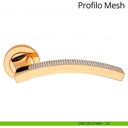 Maniglia con Swarovski per porta interna Profilo Mesh Linea Calì rosetta tonda oro zecchino