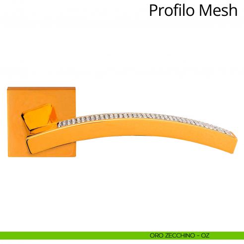 Maniglia con Swarovski per porta interna Profilo Mesh Linea Calì rosetta quadrata tradizionale oro zecchino