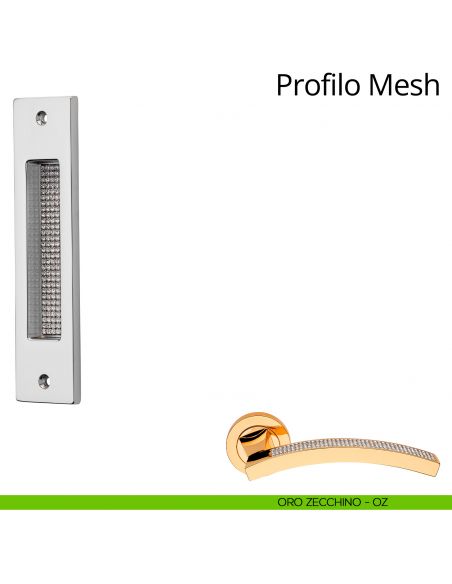 Maniglia con Swarovski ad incasso rettangolare per porta scorrevole Profilo Mesh Linea Calì oro zecchino