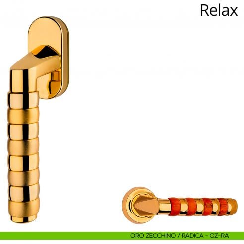 Maniglia per finestra martellina DK Relax Linea Calì oro zecchino + radica