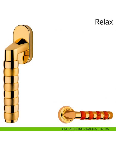 Maniglia per finestra martellina DK Relax Linea Calì oro zecchino + radica