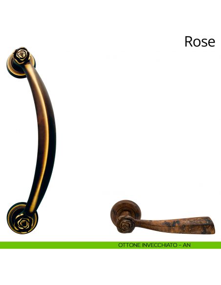 Maniglione zancato per porta Rose Linea Calì con rosette tonde ottone invecchiato
