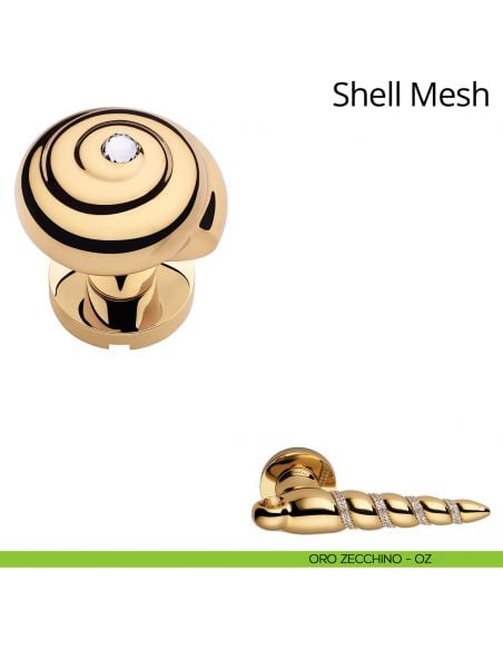 Pomolo per porta con Swarovski fisso Shell Mesh Linea Calì con rosetta tonda oro zecchino