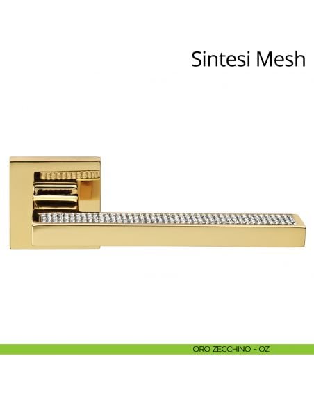 Maniglia per porta interna con Swarovski Sintesi Mesh Linea Calì rosetta quadrata bassa oro zecchino