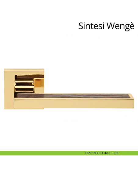 Maniglia per porta interna con legno Sintesi Wengè Linea Calì rosetta quadrata tradizionale oro zecchino