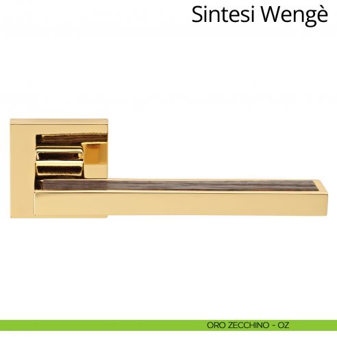 Maniglia per porta interna con legno Sintesi Wengè Linea Calì rosetta quadrata bassa oro zecchino