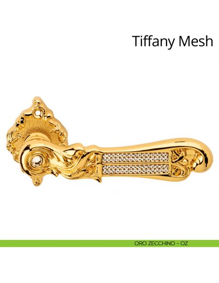 Maniglia per porta interna con Swarovski Tiffany Mesh Linea Calì rosetta artistica oro zecchino