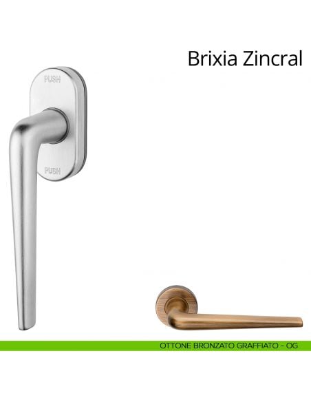 Maniglia per finestra martellina DK antintrusione Brixia Zincral Linea Calì ottone bronzato graffiato