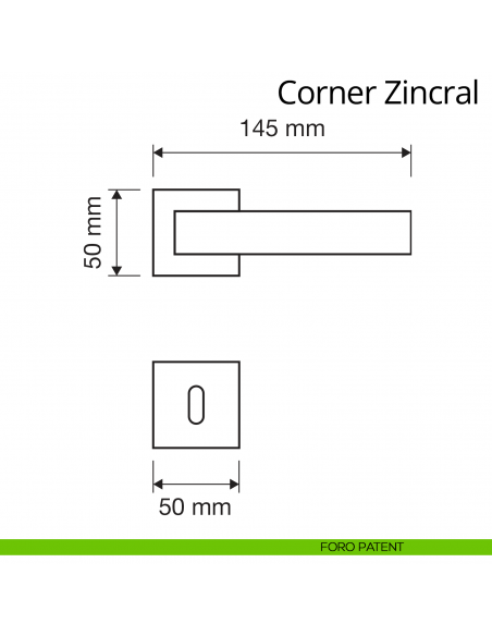 Maniglia per porta interna Corner Zincral Linea Calì rosetta quadrata bassa foro patent